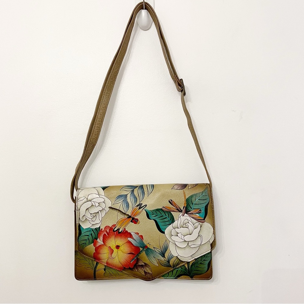 New Anuschka hand painted Leather Dragonflies & Flowers Crossbody Envelope purse